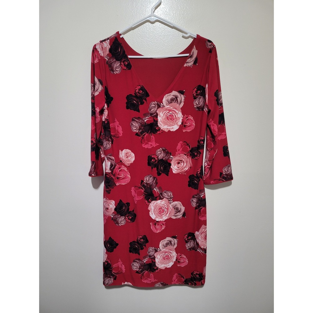 Floral Rose Print Sheath Dress Women Red Pink 3/4‎ Sleeve V-Neck